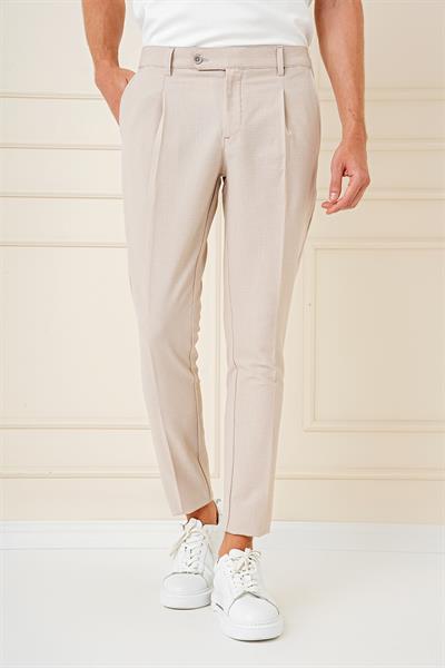 Comfort Fit Gofre Kumaş Pileli Pamuk Casual Koyu Bej Pantolon P 1148