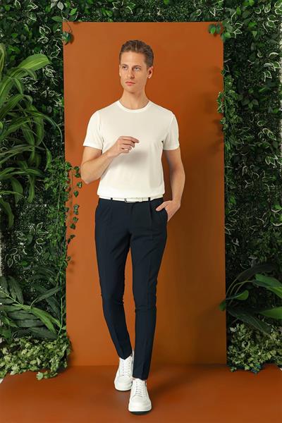 Comfort Fit Gofre Kumaş Pileli Pamuk Casual Lacivert Pantolon P 1148