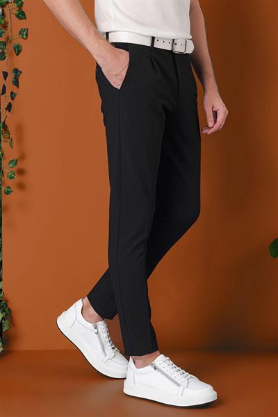 Comfort Fit Gofre Kumaş Pileli Pamuk Casual Siyah Pantolon P 1148