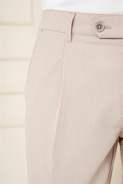 Comfort Fit Gofre Kumaş Pileli Pamuk Casual Koyu Bej Pantolon P 1148