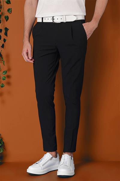 Comfort Fit Gofre Kumaş Pileli Pamuk Casual Siyah Pantolon P 1148