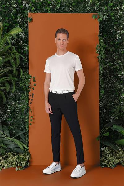 Comfort Fit Gofre Kumaş Pileli Pamuk Casual Siyah Pantolon P 1148