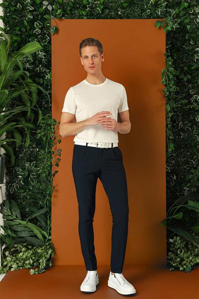 Comfort Fit Gofre Kumaş Pileli Pamuk Casual Lacivert Pantolon P 1148