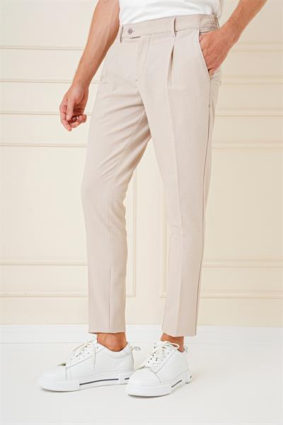Comfort Fit Gofre Kumaş Pileli Pamuk Casual Koyu Bej Pantolon P 1148