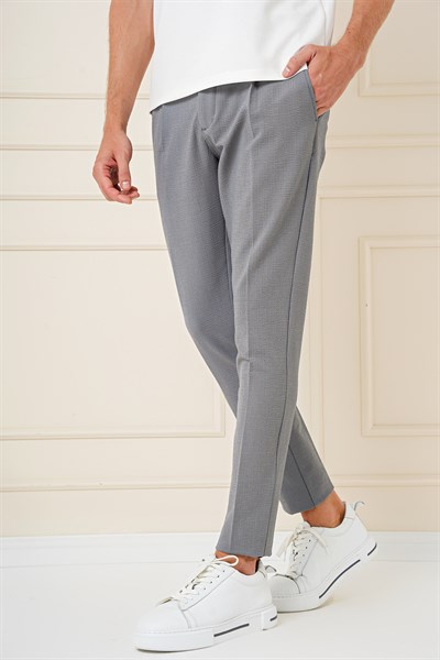 Comfort Fit Gofre Kumaş Pileli Pamuk Casual Gri Pantolon P 1148