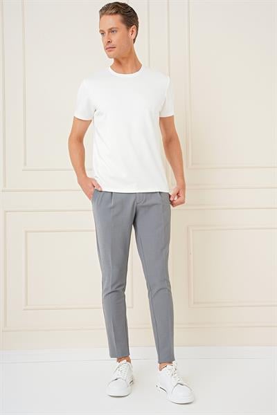 Comfort Fit Gofre Kumaş Pileli Pamuk Casual Gri Pantolon P 1148