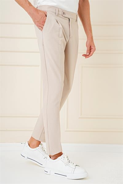 Comfort Fit Gofre Kumaş Pileli Pamuk Casual Koyu Bej Pantolon P 1148