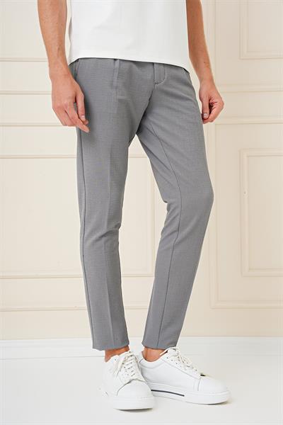 Comfort Fit Gofre Kumaş Pileli Pamuk Casual Gri Pantolon P 1148