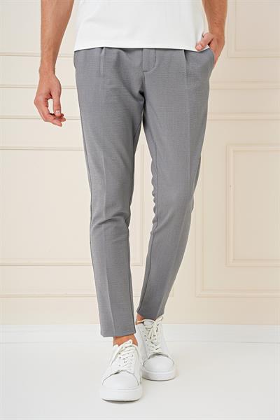 Comfort Fit Gofre Kumaş Pileli Pamuk Casual Gri Pantolon P 1148