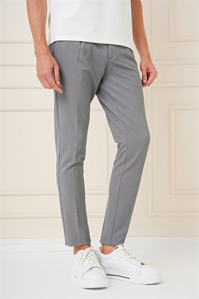 Comfort Fit Gofre Kumaş Pileli Pamuk Casual Gri Pantolon P 1148