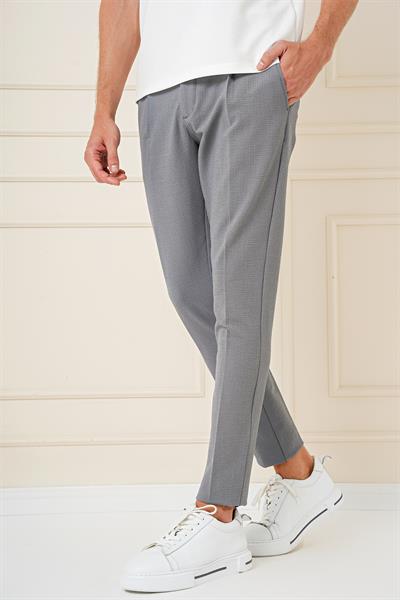 Comfort Fit Gofre Kumaş Pileli Pamuk Casual Gri Pantolon P 1148