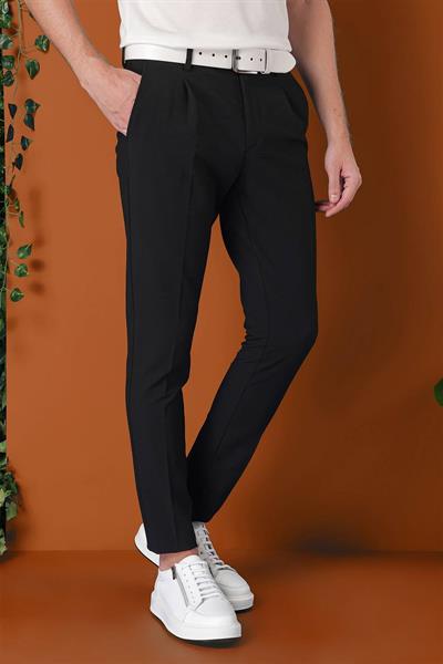Comfort Fit Gofre Kumaş Pileli Pamuk Casual Siyah Pantolon P 1148