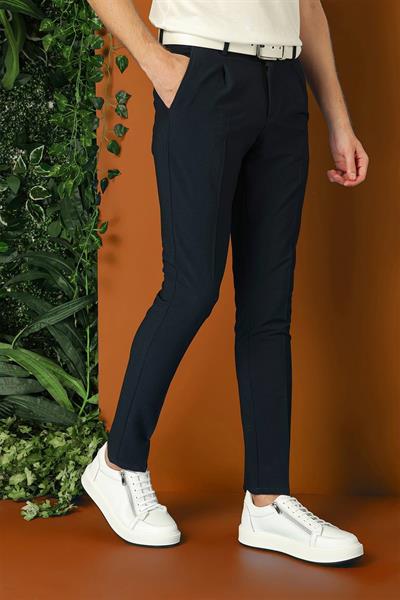 Comfort Fit Gofre Kumaş Pileli Pamuk Casual Lacivert Pantolon P 1148