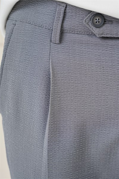 Comfort Fit Gofre Kumaş Pileli Pamuk Casual Gri Pantolon P 1148