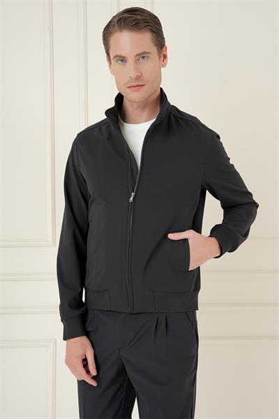 Comfort Fit Hakim Yaka Fermuarlı Ribana Kol Siyah Mont MT 172