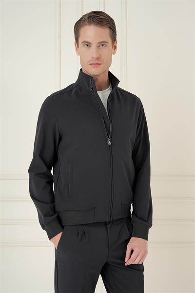 Comfort Fit Hakim Yaka Fermuarlı Ribana Kol Siyah Mont MT 172