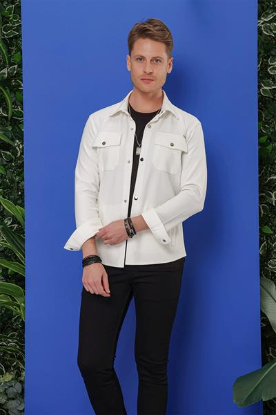 Comfort Fit Kapaklı Cep Çıtçıtlı Esnek Pamuk Beyaz Gömlek Ceket G 1550