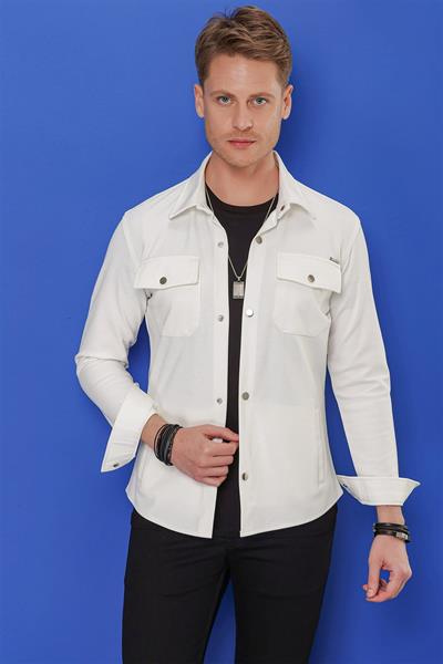 Comfort Fit Kapaklı Cep Çıtçıtlı Esnek Pamuk Beyaz Gömlek Ceket G 1550