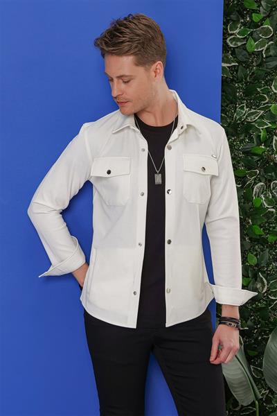 Comfort Fit Kapaklı Cep Çıtçıtlı Esnek Pamuk Beyaz Gömlek Ceket G 1550