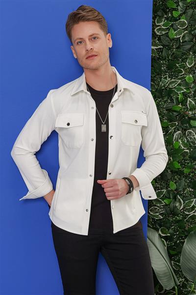 Comfort Fit Kapaklı Cep Çıtçıtlı Esnek Pamuk Beyaz Gömlek Ceket G 1550