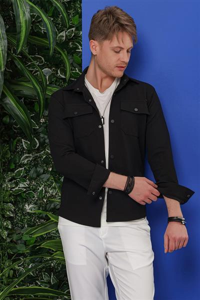 Comfort Fit Kapaklı Cep Çıtçıtlı Esnek Pamuk Siyah Gömlek Ceket G 1550