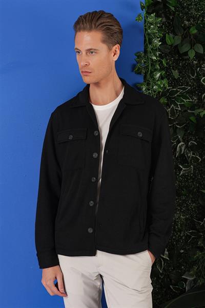 Comfort Fit Kapaklı Cep Fitilli Dokuma Esnek Pamuk Siyah Gömlek Ceket G 1561