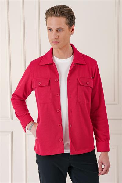 Comfort Fit Kapaklı Cep Fitilli Dokuma Esnek Pamuk Kırmızı Gömlek Ceket G 1561
