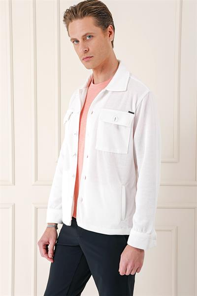 Comfort Fit Kapaklı Cep Fitilli Dokuma Esnek Pamuk Ekru Gömlek Ceket G 1561