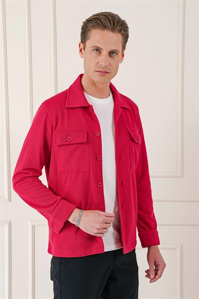 Comfort Fit Kapaklı Cep Fitilli Dokuma Esnek Pamuk Kırmızı Gömlek Ceket G 1561