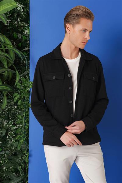 Comfort Fit Kapaklı Cep Fitilli Dokuma Esnek Pamuk Siyah Gömlek Ceket G 1561
