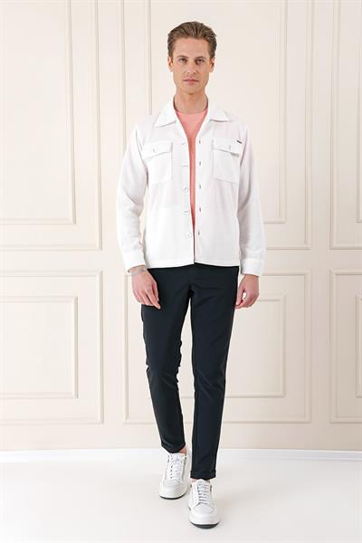 Comfort Fit Kapaklı Cep Fitilli Dokuma Esnek Pamuk Ekru Gömlek Ceket G 1561