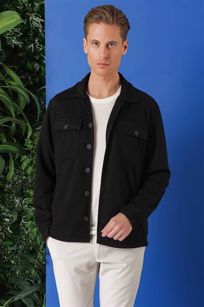 Comfort Fit Kapaklı Cep Fitilli Dokuma Esnek Pamuk Siyah Gömlek Ceket G 1561