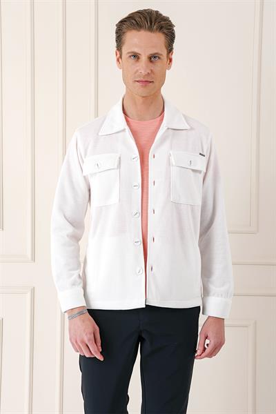 Comfort Fit Kapaklı Cep Fitilli Dokuma Esnek Pamuk Ekru Gömlek Ceket G 1561