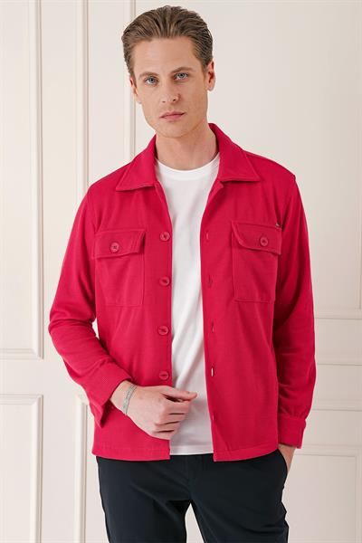 Comfort Fit Kapaklı Cep Fitilli Dokuma Esnek Pamuk Kırmızı Gömlek Ceket G 1561