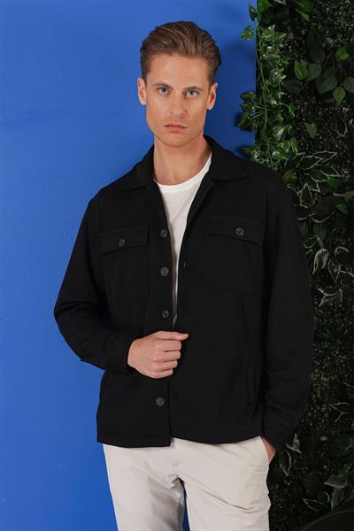 Comfort Fit Kapaklı Cep Fitilli Dokuma Esnek Pamuk Siyah Gömlek Ceket G 1561