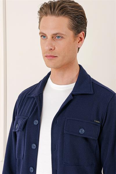 Comfort Fit Kapaklı Cep Fitilli Dokuma Esnek Pamuk Lacivert Gömlek Ceket G 1561