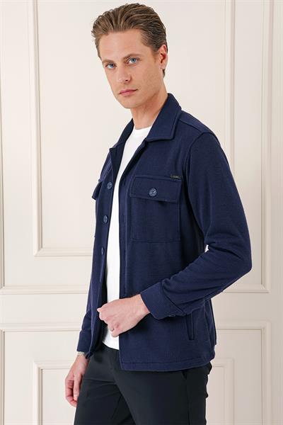 Comfort Fit Kapaklı Cep Fitilli Dokuma Esnek Pamuk Lacivert Gömlek Ceket G 1561