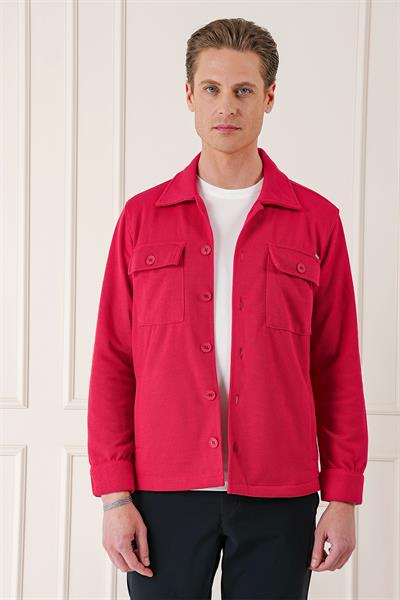 Comfort Fit Kapaklı Cep Fitilli Dokuma Esnek Pamuk Kırmızı Gömlek Ceket G 1561