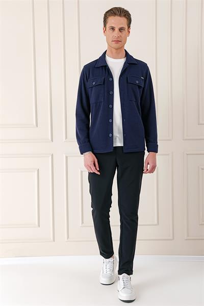 Comfort Fit Kapaklı Cep Fitilli Dokuma Esnek Pamuk Lacivert Gömlek Ceket G 1561
