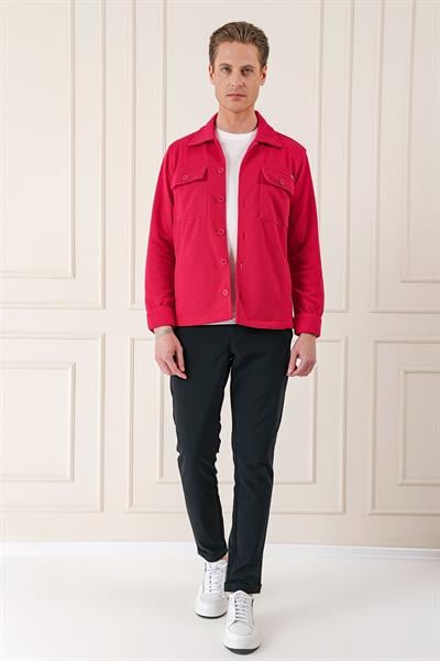 Comfort Fit Kapaklı Cep Fitilli Dokuma Esnek Pamuk Kırmızı Gömlek Ceket G 1561