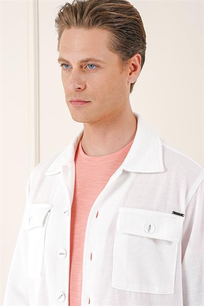 Comfort Fit Kapaklı Cep Fitilli Dokuma Esnek Pamuk Ekru Gömlek Ceket G 1561