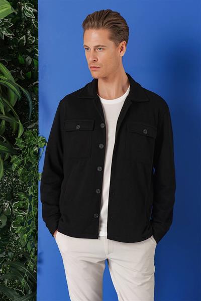 Comfort Fit Kapaklı Cep Fitilli Dokuma Esnek Pamuk Siyah Gömlek Ceket G 1561