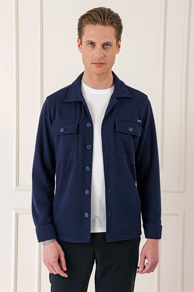 Comfort Fit Kapaklı Cep Fitilli Dokuma Esnek Pamuk Lacivert Gömlek Ceket G 1561