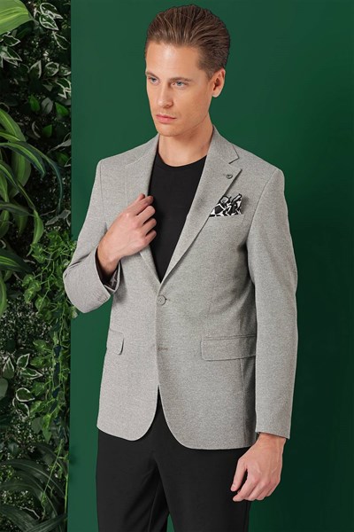 Comfort Fit Kırçıllı Dokuma Pamuklu Casual Gri Ceket C 665