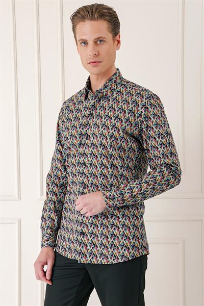 Comfort Fit Klapalı Yaka Baskılı %100 Pamuk Siyah Gömlek G 1576