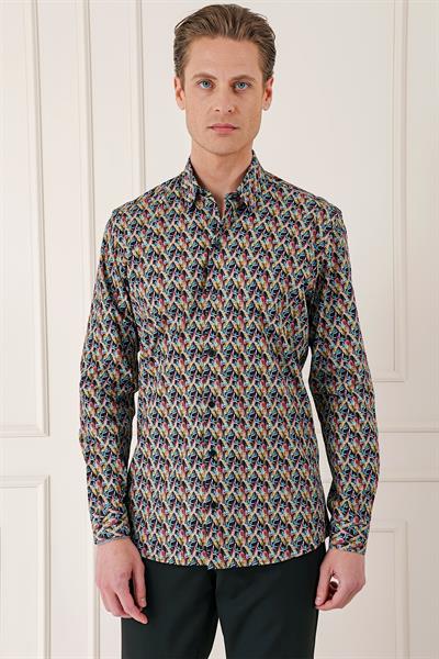 Comfort Fit Klapalı Yaka Baskılı %100 Pamuk Siyah Gömlek G 1576