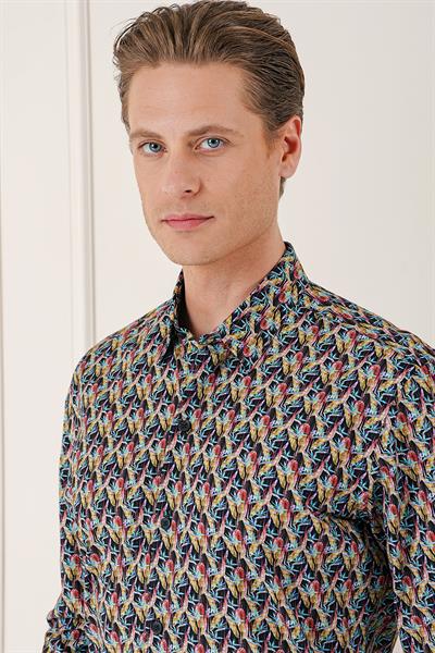 Comfort Fit Klapalı Yaka Baskılı %100 Pamuk Siyah Gömlek G 1576