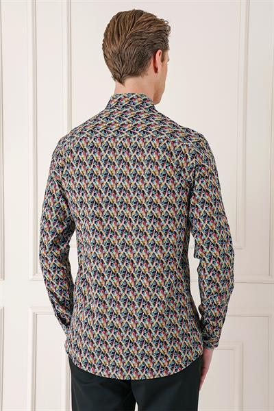 Comfort Fit Klapalı Yaka Baskılı %100 Pamuk Siyah Gömlek G 1576