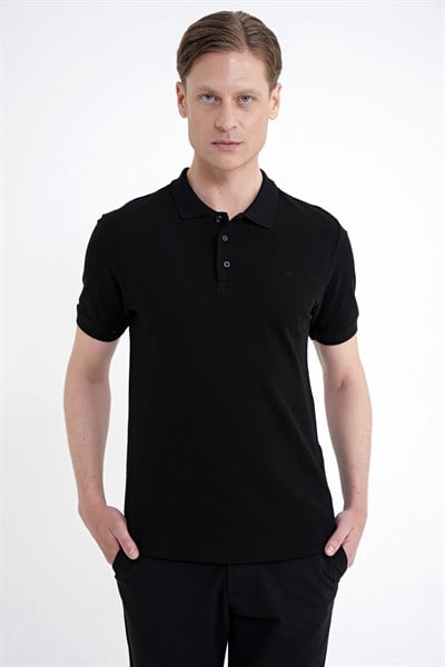 Comfort Fit Kolu Ribanalı %100 Pamuk Düğmeli Siyah Polo Yaka Tişört TS 922