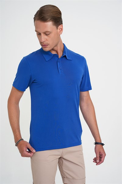 Comfort Fit Modal Karışım Kıvrılmaz Polo Yaka Koyu Mavi Tişört TS 903